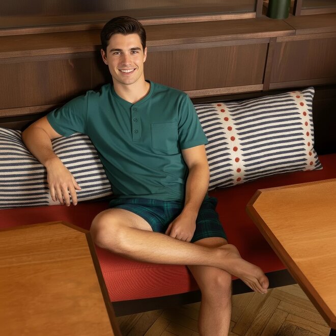 Charlie Choe Herren Pyjama Shortama grün-blau kariert