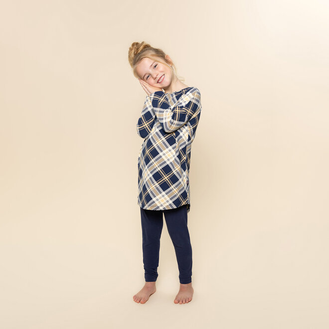 Charlie Choe Mädchen-Pyjama-Set mit Oversize-Shirt, marineblau-beige, kariert
