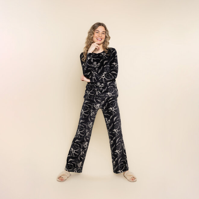 Charlie Choe Damen-Pyjama, schwarz, Blumenmuster, Velours