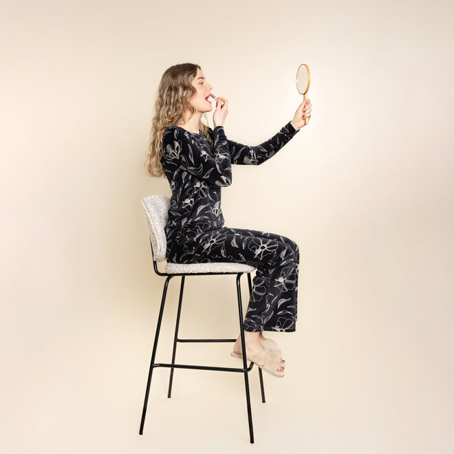 Charlie Choe Damen-Pyjama, schwarz, Blumenmuster, Velours