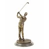 A bronze sculpture of a golfer in follow through stance