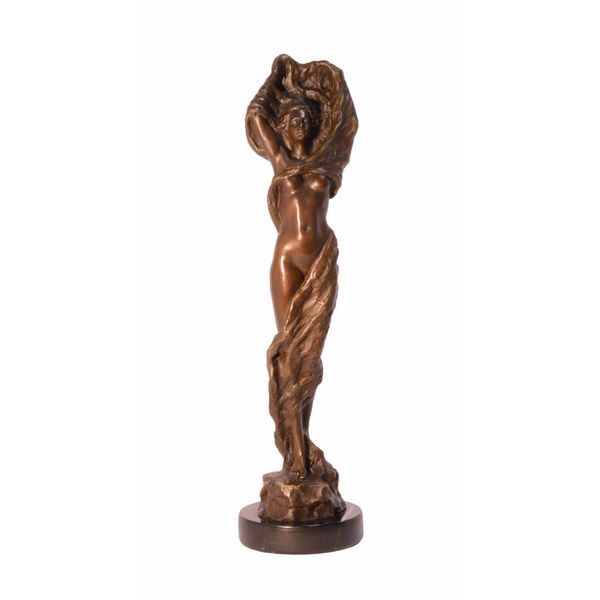  A  bronze sculpture of a partly nude female with swirling cloth