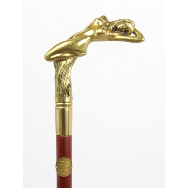  A wooden walking stick with bronze grip of intense female nude