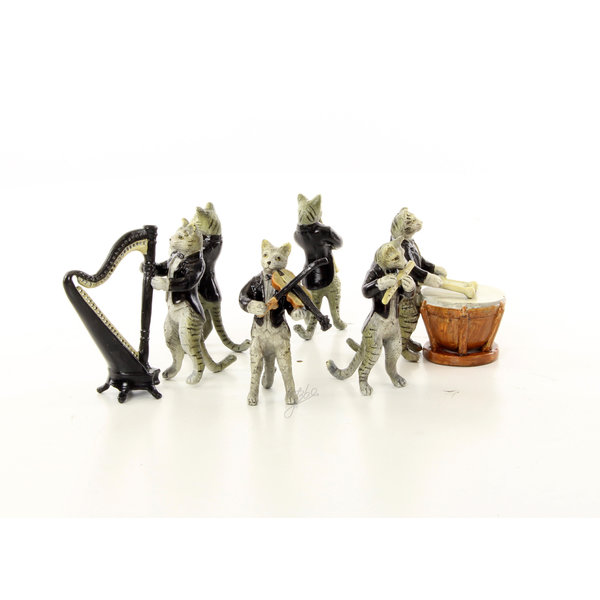  A set of six bronze cat musicians