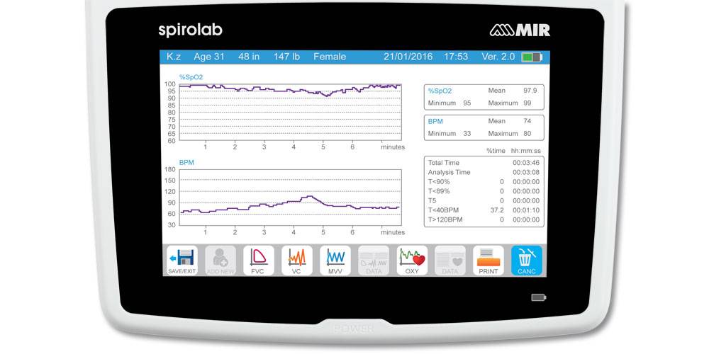 Spirolab desktop spirometer with oximeter and a 7 inch touchscreen