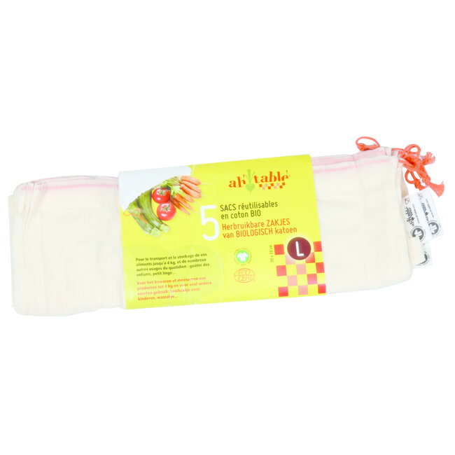 Katoenen zakjes voor groenten en fruit - L - 30x33cm - 5 stuks - BIO