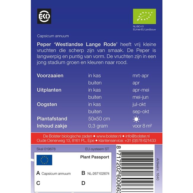 Peper 'Westlandse Lange Rode' - 0,3g - BIO