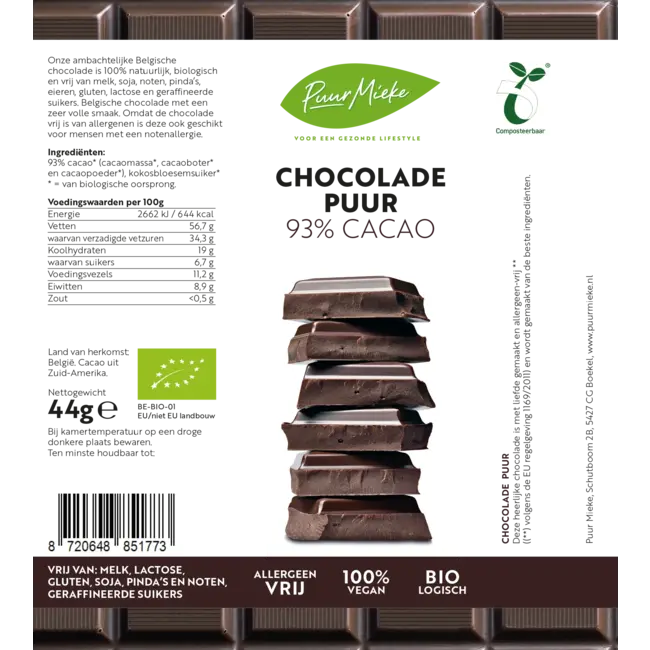Chocoladereep Puur - 93% Cacao - BIO