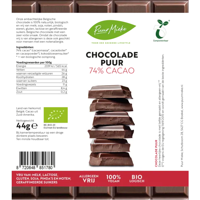 Chocoladereep Puur - 74% Cacao - BIO
