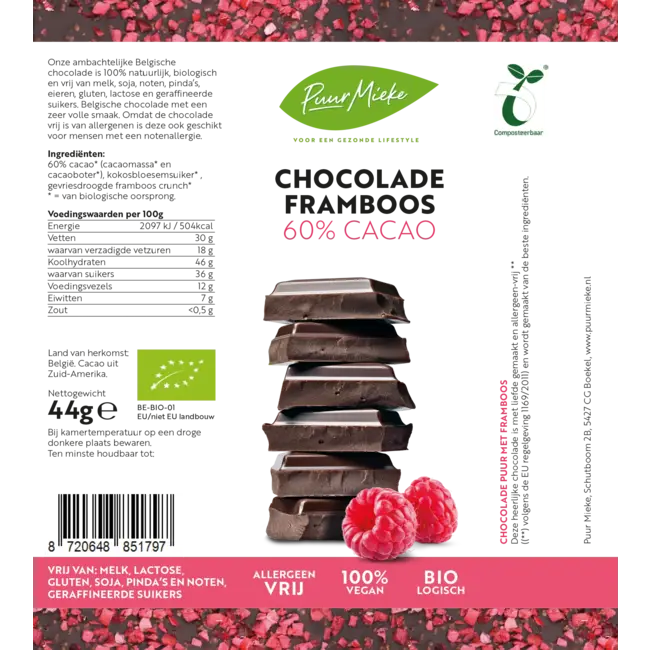 Chocoladereep Framboos - 60% Cacao - BIO