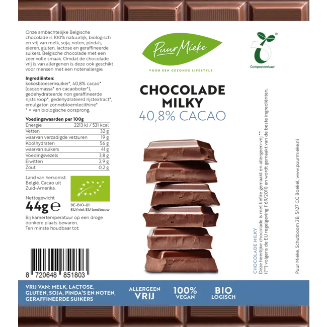 Chocoladereep Milky - 40,8 Cacao - BIO