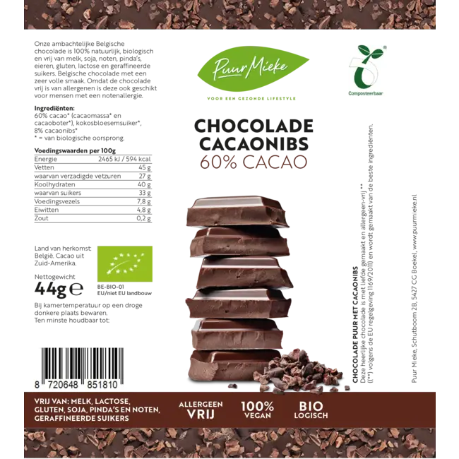 Chocoladereep Cacaonibs - 60% Cacao - BIO