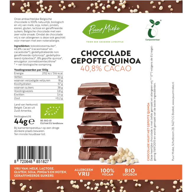 Chocoladereep Gepofte Quinoa - 40,8% Cacao - BIO