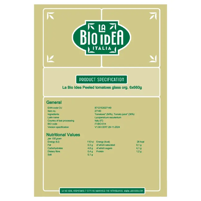 Tomaten gepeld (glas) 660g-BIO