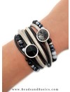 Leather Wrap Bracelet With Skulls - Black With Gray