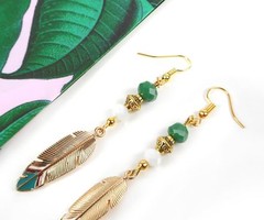 Earrings with Feather Charms - Gold with Green and White