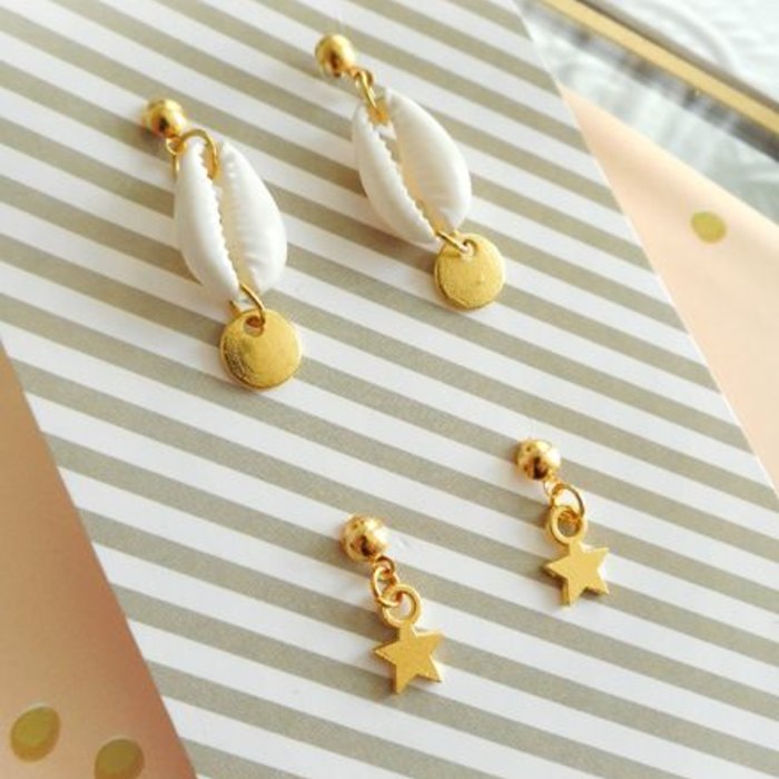 Minimalist Earrings With Kauri Shell Bead And Star Charms inspi59698