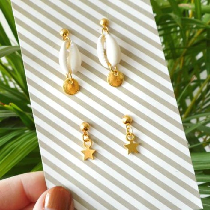 Minimalist Earrings With Kauri Shell Bead And Star Charms inspi59698