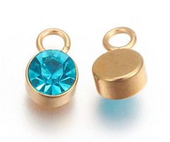 Stainless Steel Charm Gold Plated with Blue Zircon Glass Rhinestone 10x6mm