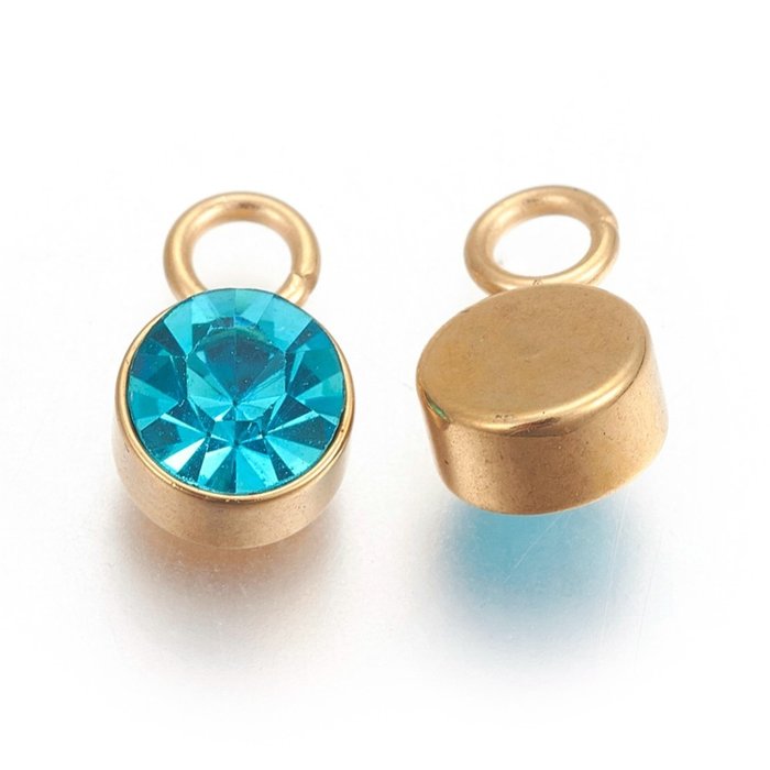 Stainless Steel Charm Gold Plated with Blue Zircon Glass Rhinestone 10x6mm