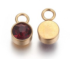 Stainless Steel Charm Gold Plated with Garnet Glass Rhinestone 10x6mm