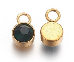Stainless Steel Charm Gold Plated with Emerald Glass Rhinestone 10x6mm