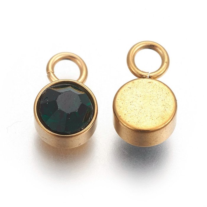Stainless Steel Charm Gold Plated with Emerald Glass Rhinestone 10x6mm