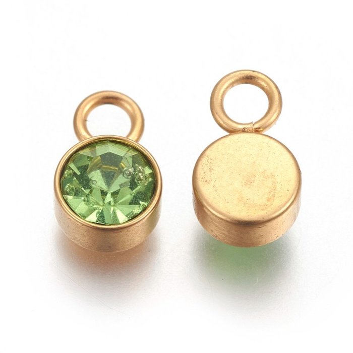 Stainless Steel Charm Gold Plated with Peridot Glass Rhinestone 10x6mm