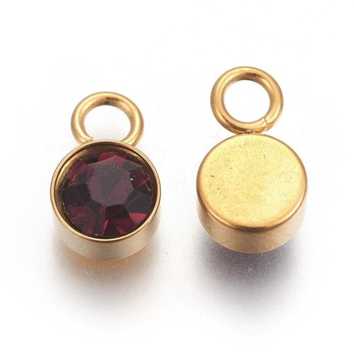 Stainless Steel Charm Gold Plated with Siam Glass Rhinestone 10x6mm