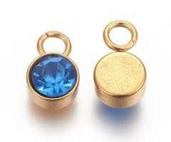 Stainless Steel Charm Gold Plated with Light Sapphire Glass Rhinestone 10x6mm