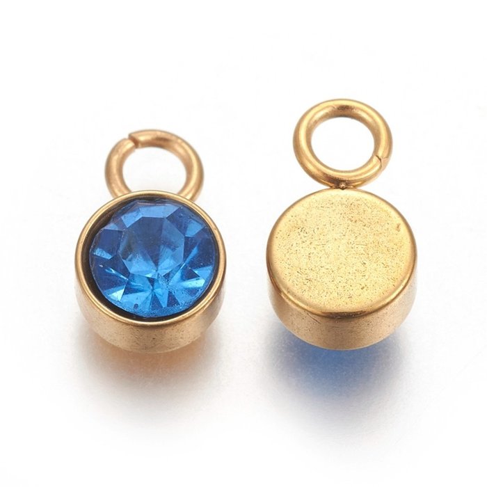 Stainless Steel Charm Gold Plated with Light Sapphire Glass Rhinestone 10x6mm