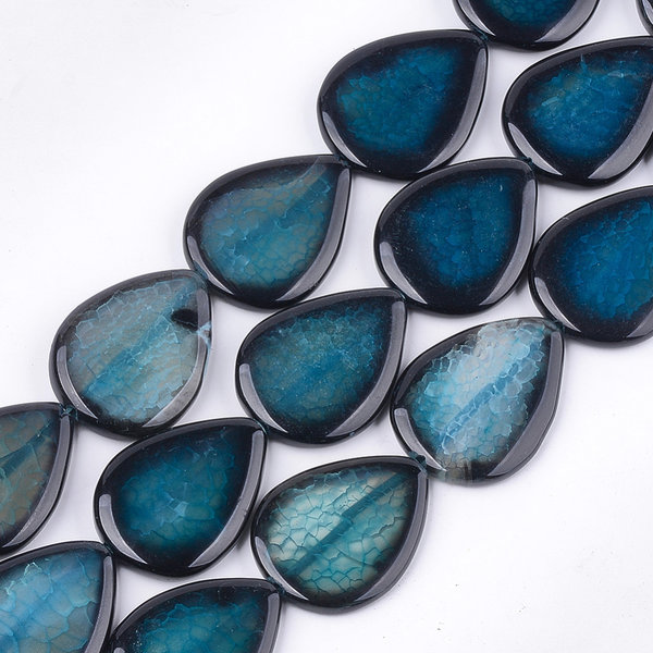 Natural Crackle Agate Teardrop Beads Petrol 40x30mm, strand 9 pieces