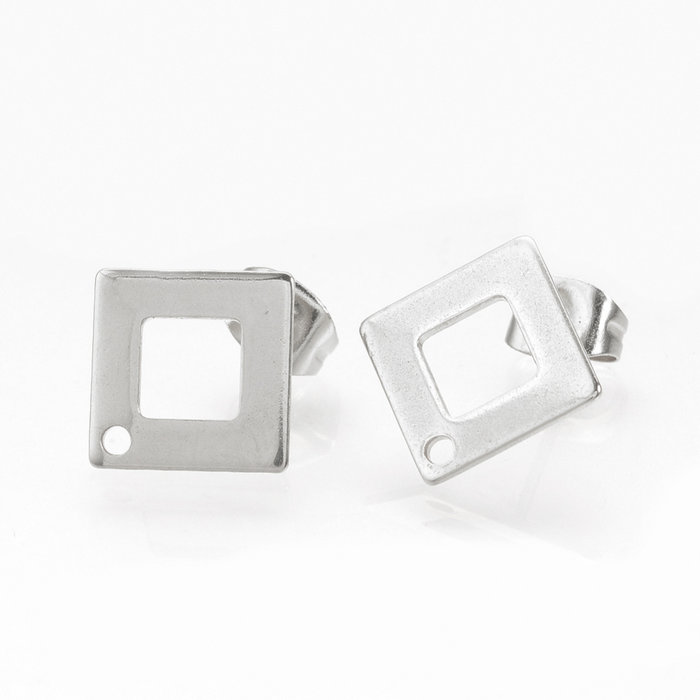 4 stuks Stainless Steel Studs Oorbel Ruit Zilver 14mm