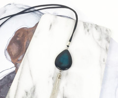 Long Necklace from Suede with Gemstone Black Silver