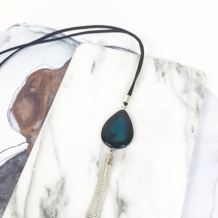 Lange Ketting van Suede met Edelsteen en Ballchain Kwastje Zwart Zilver