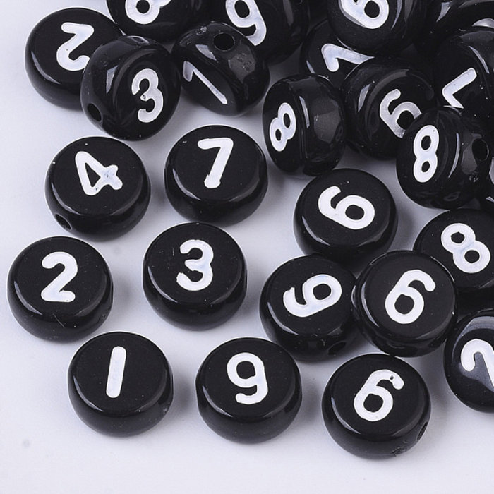 Number Beads Black with White Print 7mm, 300 pieces