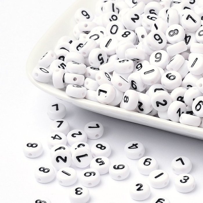 Number Beads White with Black Print 7mm, 300 pieces