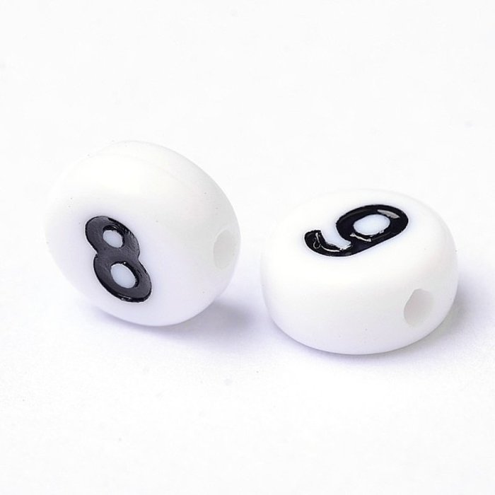 Cijfer Kralen Wit met Zwarte Print 7mm, Voordeel Verpakking 300 stuks