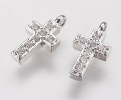 Luxurious Brass Charm Silver with Zirconia 9x5x1mm Cross