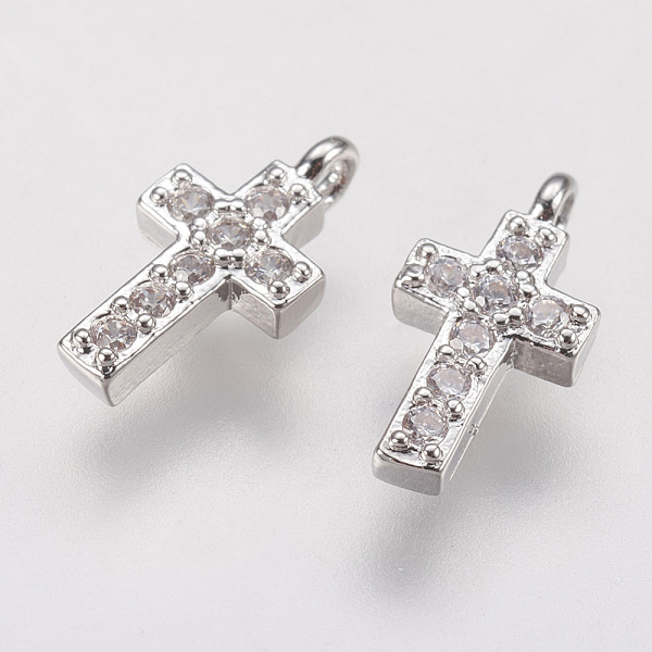 Luxurious Brass Charm Silver with Zirconia 9x5x1mm Cross