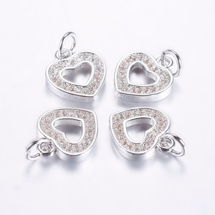 Luxurious Brass Charm Silver with Zirconia 13x11mm Heart