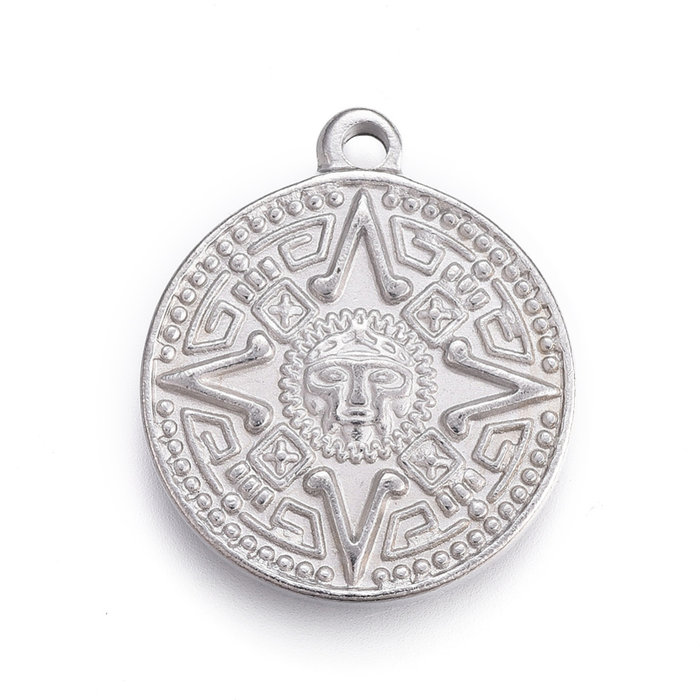 Stainless Steel Coin Charm Maya Silver 24x20mm