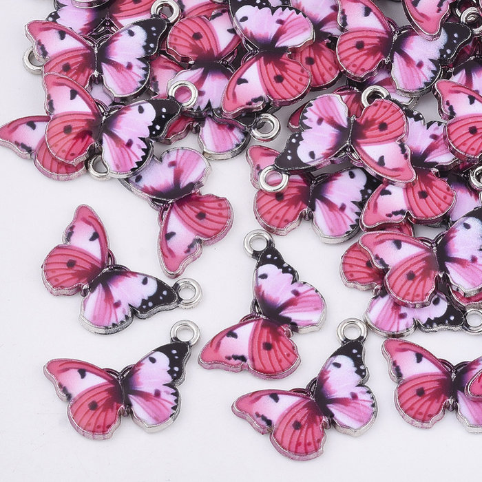 Butterfly Charm Silver Pink Black 13.5x20mm