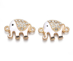 Connector Rhinestone Elephant Gold White 23x16mm