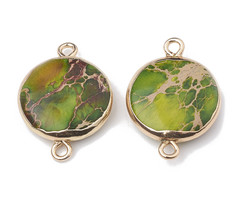 Natural Jasper Round Link 22x14mm Gold Green