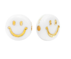 10 pieces Smiley Beads White with Gold 7mm