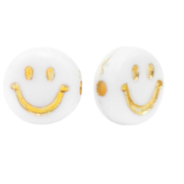 Smiley Beads Acrylic White with Gold 7mm, 10 pieces