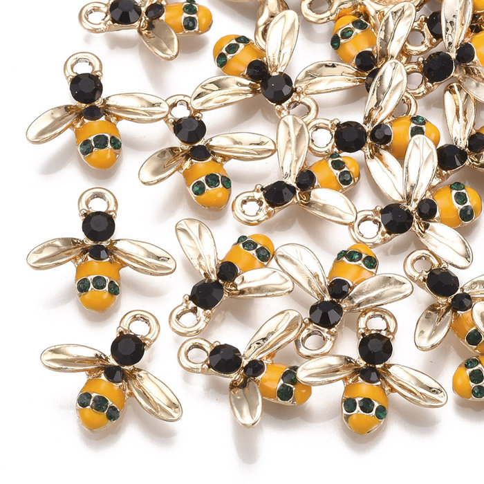 Bee Charm Gold Black Yellow with Rhinestone 15x16.5mm