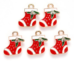 Christmas Sock Charm with Rhinestone Red 18x17mm