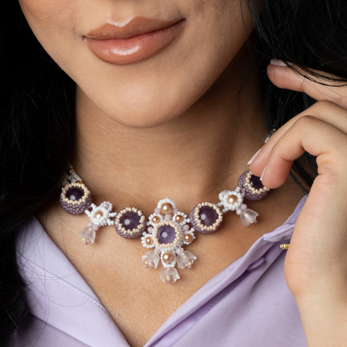Beadwork Necklace with Purple Flowers Inspi366
